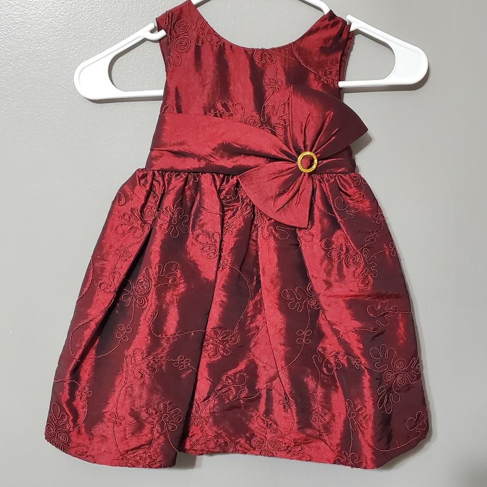 Thomas Burgundy Red Embroidered Floral Kids Dress Tie Waist Girl's Size 3T